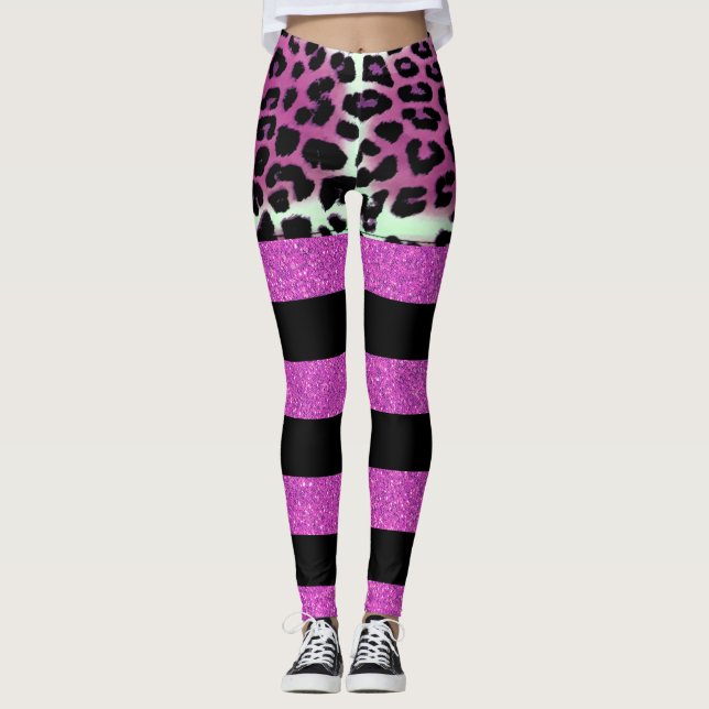 Chic Pink Leopard & Black Pink Glitzer Streifen Leggings (Vorderseite)