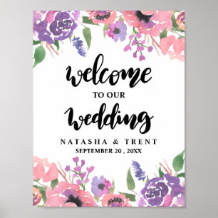 Chic Pink Lila Floral Begrüßungszeichen Poster