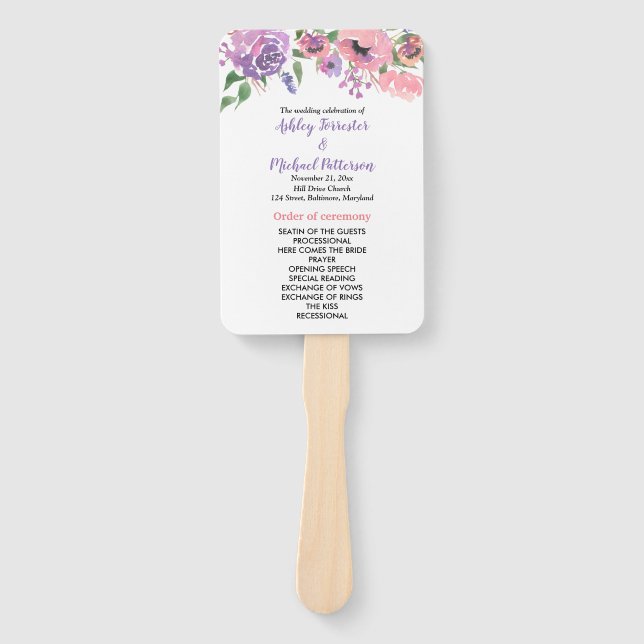 Chic Pink Lila Florals Hochzeitsprogramm Fächer (Vorderseite)