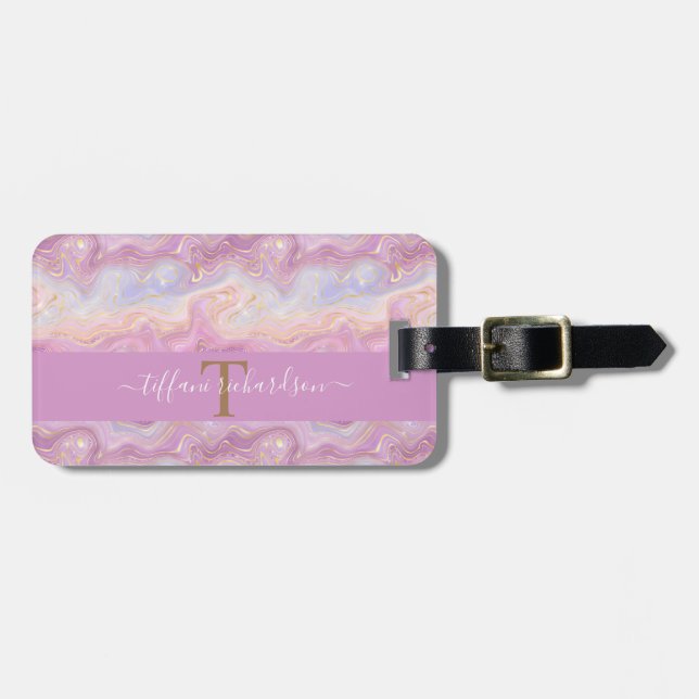 Chic Pink Lila Gold Agate Geode Monogram Gepäckanhänger (Vorderseite horizontal)