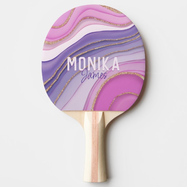 Chic Pink Lila Imitate Gold Glitzer Marmormonogram Tischtennis Schläger (Vorderseite)