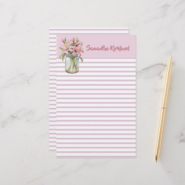 Chic Pink Lined Custom Stationery Briefpapier (Vorderseite/Rückseite Beispiel)