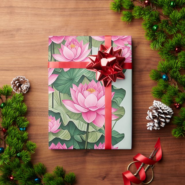 Chic Pink Lotus Blume Botanische Vegetation Geschenkpapier (Feiertagsgeschenk)