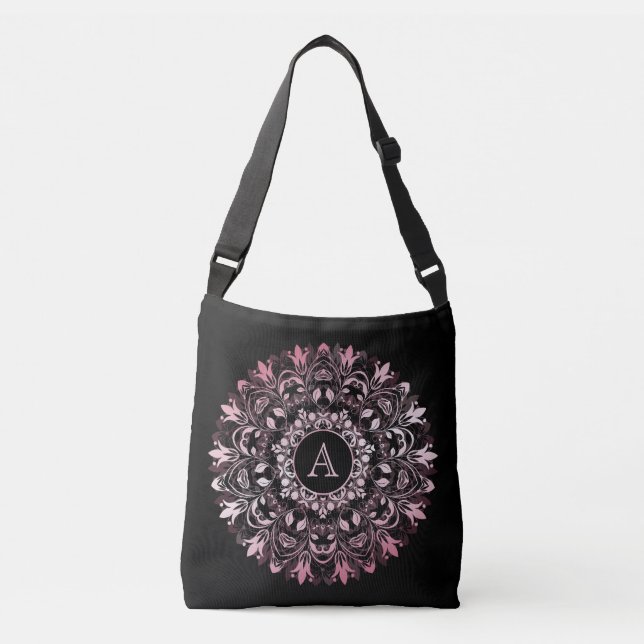 Chic Pink Metallic Black Mandala Monogram Tragetaschen Mit Langen Trägern (Vorderseite)