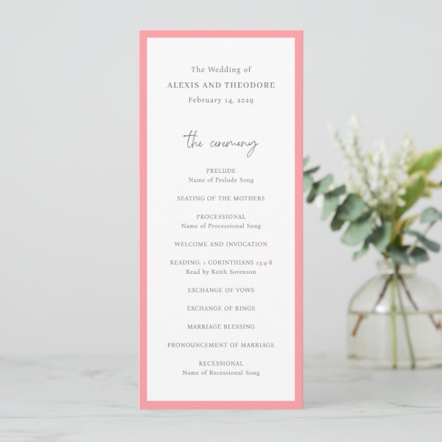 Chic Pink Moderne Hochzeit Programm (Stehend Vorderseite)
