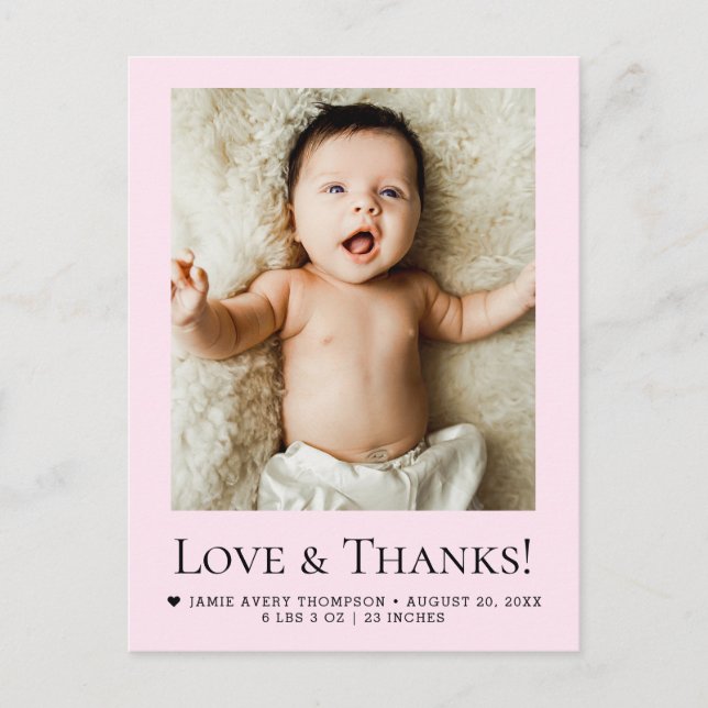 Chic Pink Newborn Photo Love & Thanks Birth Stats Postkarte (Vorderseite)