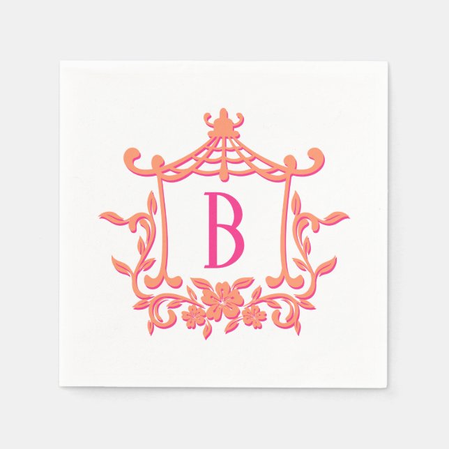 Chic Pink Orange Pagoda Frame Monogram Initial Serviette (Vorderseite)