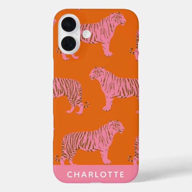 Chic Pink Orange Tiger Muster Personalisierter Nam Case-Mate iPhone Hülle (Rückseite)
