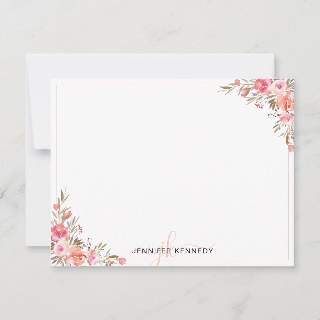 Chic Pink Peach Watercolor Floral Note Card Mitteilungskarte (Vorderseite)
