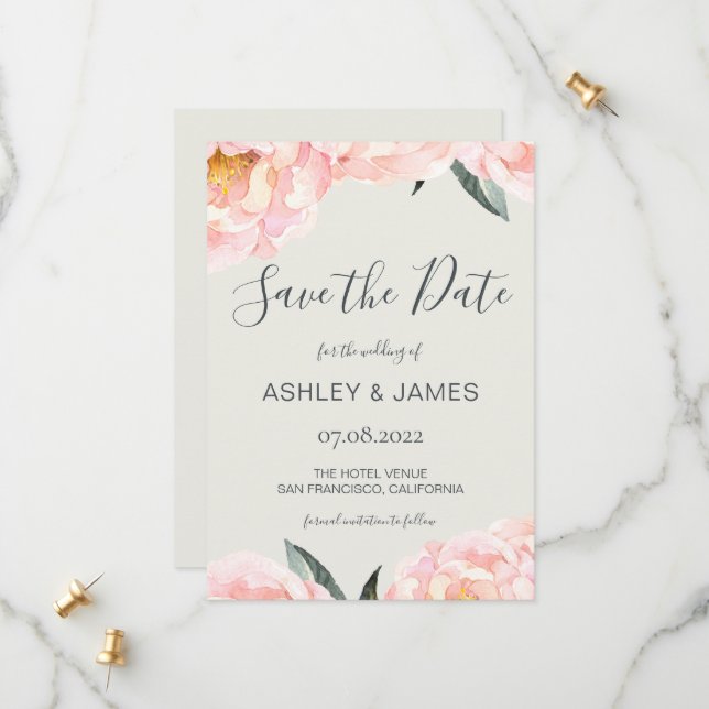 Chic Pink Peony Calligraphy Save the Date (Vorderseite/Rückseite Beispiel)