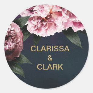 Chic Pink Peony Couples Names Wedding Envelope Runder Aufkleber