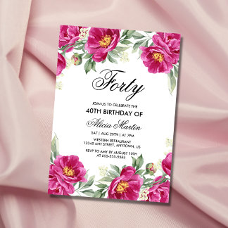 Chic Pink Peony Floral Greenery 40. Geburtstag Einladung