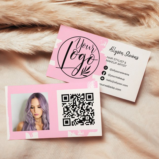 Chic pink pinke Bürste Haar Make-up Foto Logo qr Visitenkarte (Chic pink brush hair makeup photo logo qr code business card)