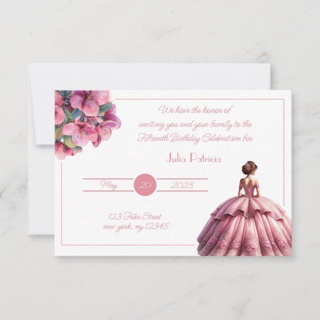 Chic Pink Princess Quinceañera Einladung (Vorderseite)