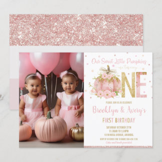Chic Pink Pumpkin 1. Geburtstag Twin Girls Foto Einladung
