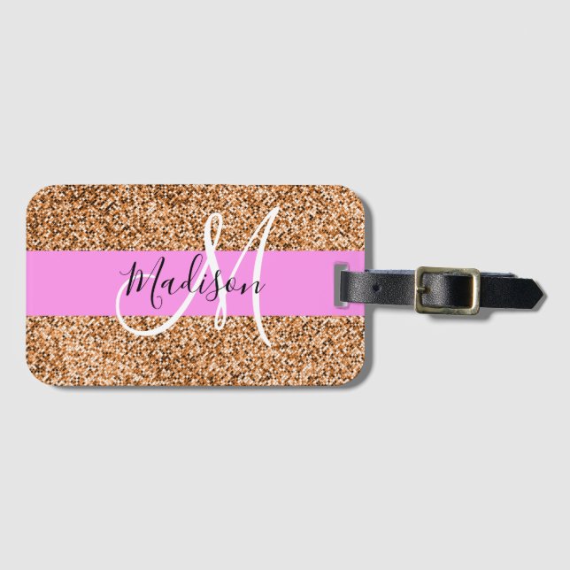 Chic Pink & Pumpkin Glitzer Glitzern Monogram Name Gepäckanhänger (Vorderseite (Horizontal))