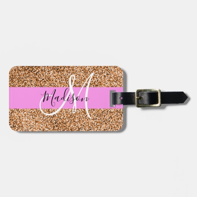 Chic Pink & Pumpkin Glitzer Glitzern Monogram Name Gepäckanhänger (Vorderseite horizontal)