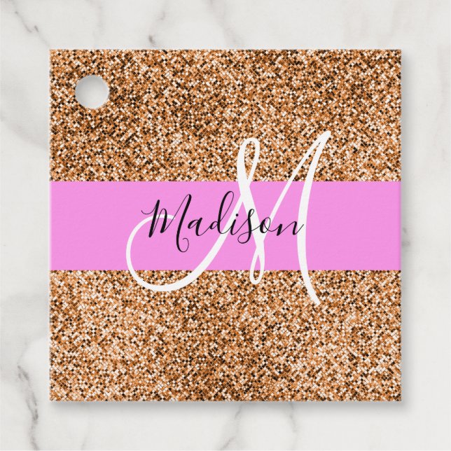 Chic Pink & Pumpkin Glitzer Glitzern Monogram Name Geschenkanhänger (Vorderseite)
