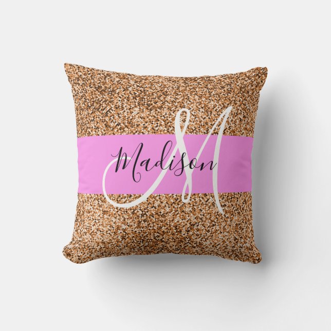Chic Pink & Pumpkin Glitzer Glitzern Monogram Name Kissen (Vorderseite)