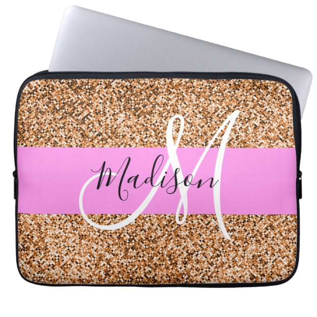 Chic Pink & Pumpkin Glitzer Glitzern Monogram Name Laptopschutzhülle (Vorderseite)