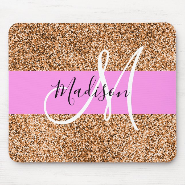 Chic Pink & Pumpkin Glitzer Glitzern Monogram Name Mousepad (Vorne)