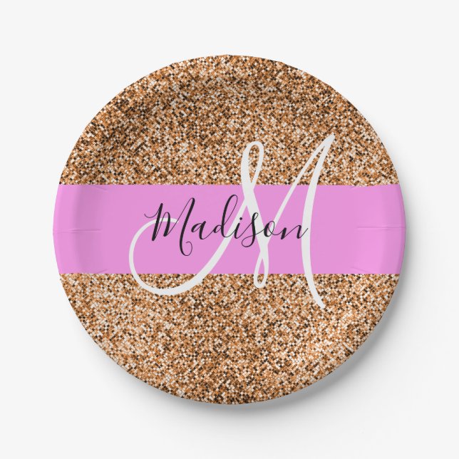 Chic Pink & Pumpkin Glitzer Glitzern Monogram Name Pappteller (Vorderseite)
