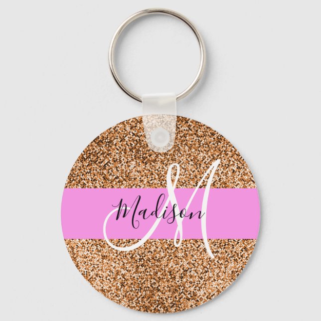 Chic Pink & Pumpkin Glitzer Glitzern Monogram Name Schlüsselanhänger (Vorderseite)