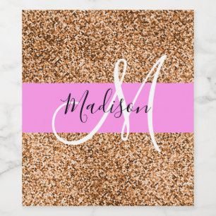 Chic Pink & Pumpkin Glitzer Glitzern Monogram Name Weinetikett