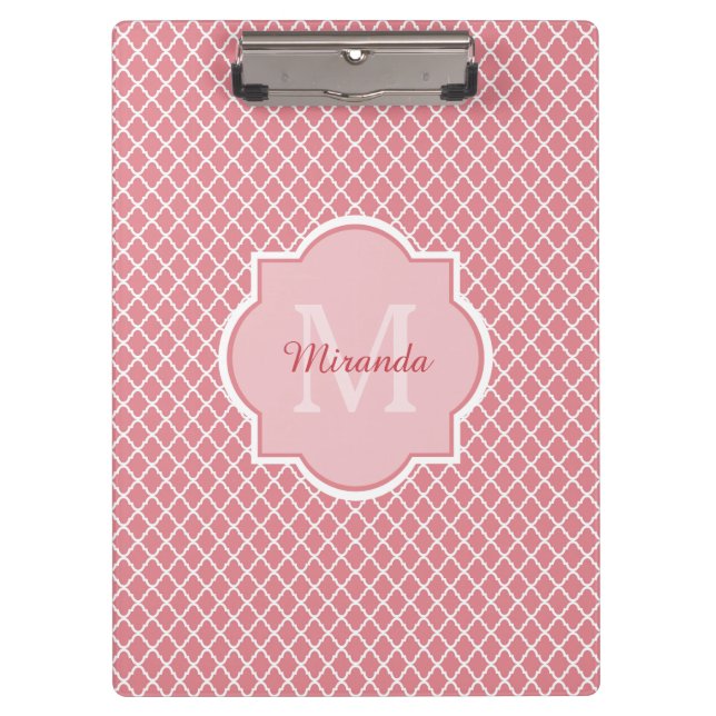 Chic Pink Quatrefolie Monogramm mit Name Klemmbrett (Vorderseite)