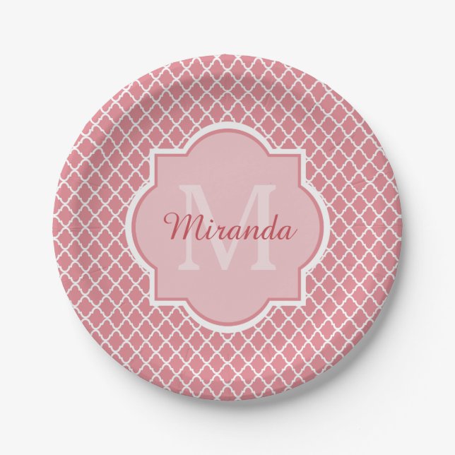 Chic Pink Quatrefolie Monogramm mit Name Pappteller (Vorderseite)