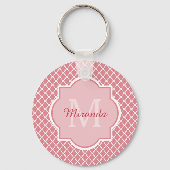 Chic Pink Quatrefolie Monogramm mit Name Schlüsselanhänger (Vorderseite)
