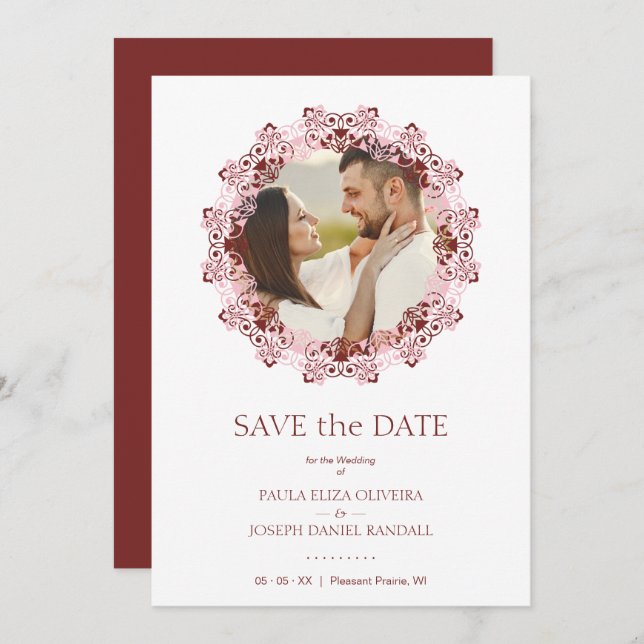 Chic Pink & Red Flourish Lace Effect Photo Couple Save The Date (Vorne/Hinten)