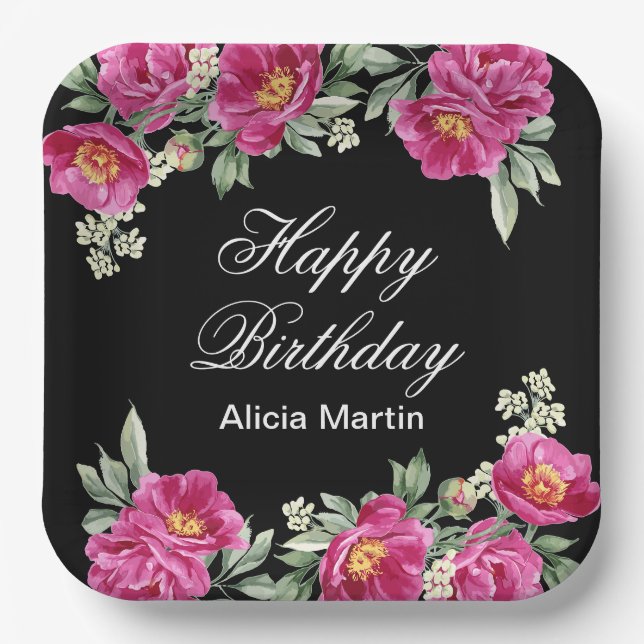 Chic Pink Red Violet Peony Floral Black Birthday Pappteller (Vorderseite)