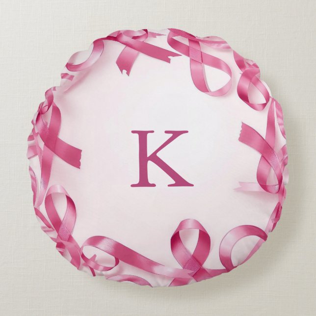 Chic Pink Ribbon Awareness Frame Mit Monogramm Rundes Kissen (Vorderseite)
