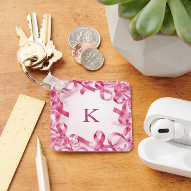 Chic Pink Ribbon Awareness Frame Mit Monogramm Schlüsselanhänger (Schreibtisch)