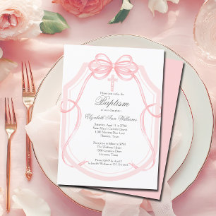 Chic Pink Ribbon Bow Baby Girl Taufe Einladung