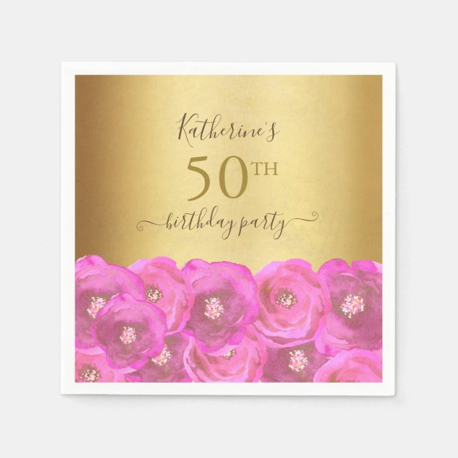 Chic Pink Rose Floral Gold 50th Birthday Party Serviette (Vorderseite)