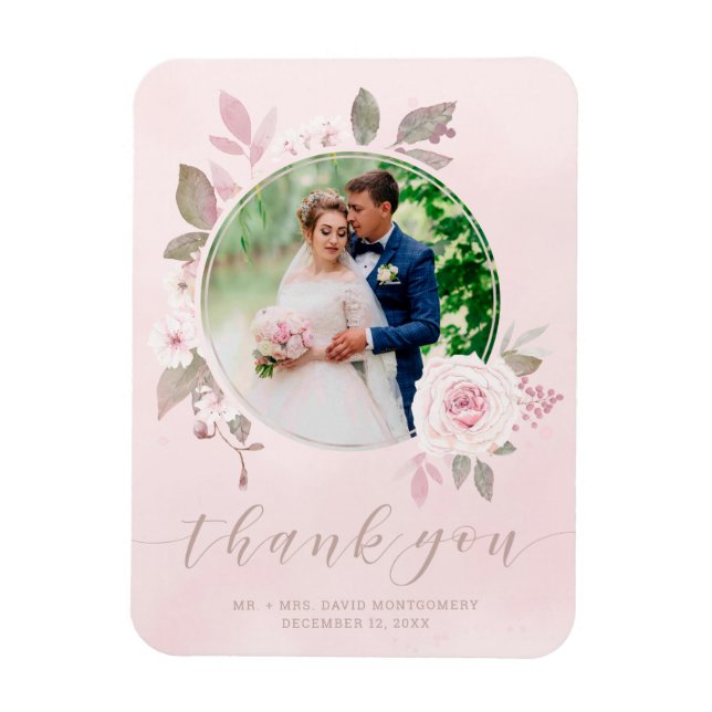 Chic Pink Rose Floral Wedding Foto Vielen Dank Magnet (Vertikal)
