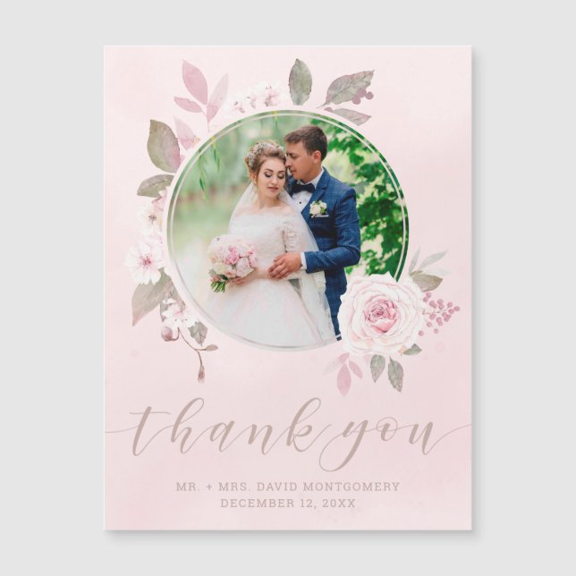 Chic Pink Rose Floral Wedding Foto Vielen Dank Magnetkarte (Vorderseite)