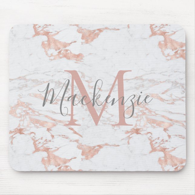 Chic Pink Rose Gold Foil Marmor Monogramm Mousepad (Vorne)