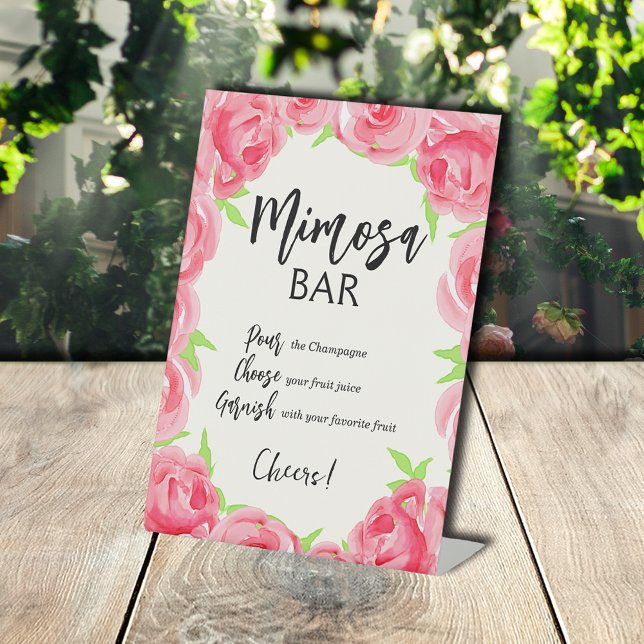 Chic Pink Roses Brautparty Mimosa Bar Sockelschild (Pink Roses Bridal Shower Mimosa Bar Pedestal Sign)