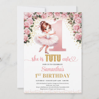 Chic pink roses gold ballerina Mädchen 1. Geburtst Einladung