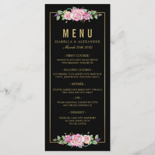 Chic Pink Roses & Gold Black Stripes Hochzeit Menükarte