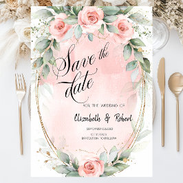 Chic Pink Roses Gold Frame Save the Date
