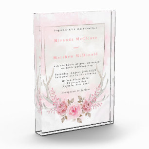 Chic Pink Sage Peony Deer Antlers Wedite Einladung Fotoblock