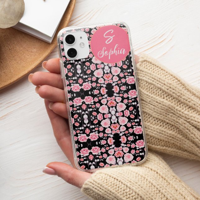 Chic pink schwarze Blume ästhetische Custom Monogr Case-Mate iPhone Hülle (Von Creator hochgeladen)
