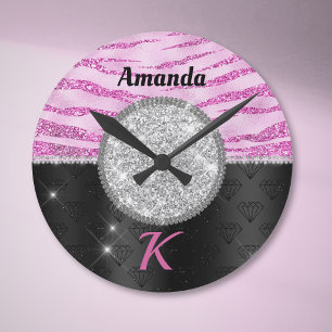 Chic pink schwarze Imitate Glitzer Runde Wanduhr