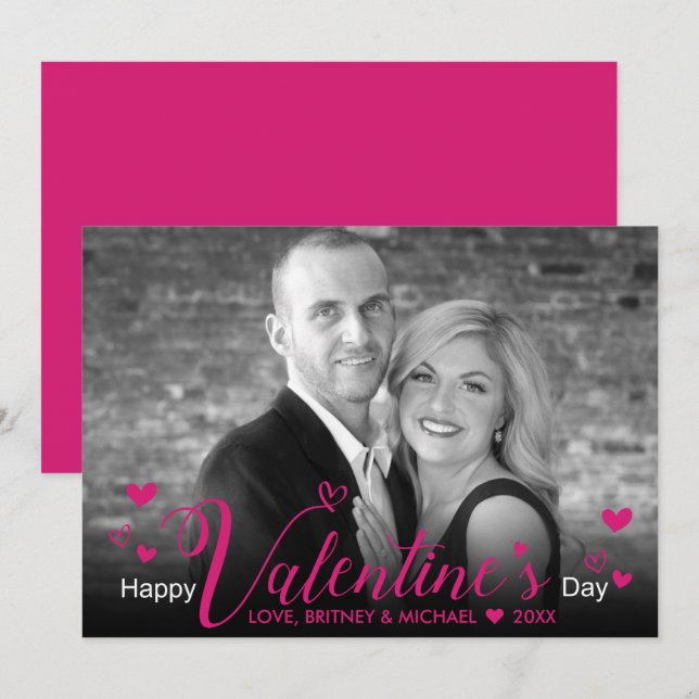 Chic Pink Script Hearts Modernes Schwarz-weißes Fo (Vorne/Hinten)