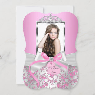 Chic Pink Silver Bow & Rose Foto Quinceanera Einladung