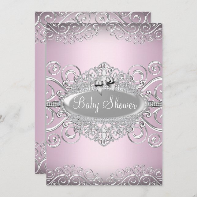 Chic Pink & Silver Damask Princess Baby Dusche Einladung (Vorne/Hinten)